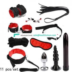 Adult Sex Under The Bed Fur Inside Nylon Bondage Restraint Kit Cuffs Choker Eye Mask Whip Rope Anal Plug Mouth Gag Nipple Clamps