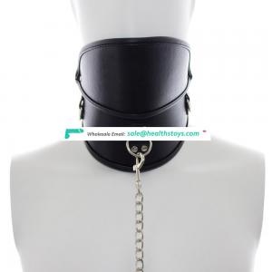 Black Leather Full Neck Deep Collar With Stainless Steel Leash Soft Adult Choker Protect Necklace