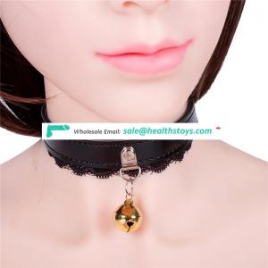 Pretty Lace Side Black Leather Sexy Neck Corset Collar Choker With Cute Golden Bell