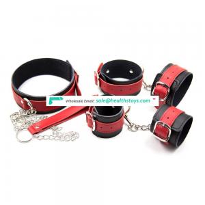 Well For Adult Couple BDSM Sexy Love Game Flirting Sex Toy 3-piece High Quality Red Leather Collar Choker Ankle Cuffs Handcuffs
